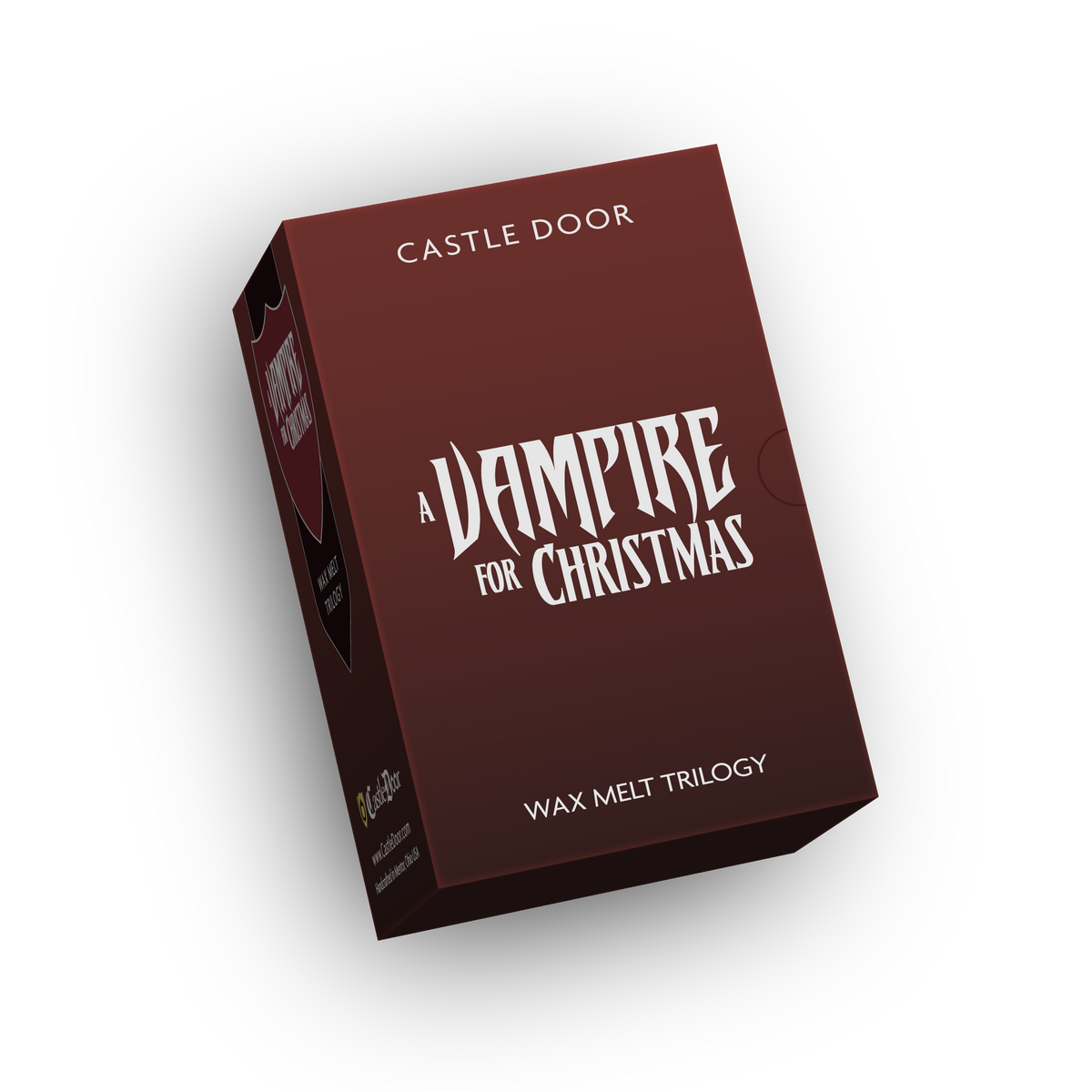 Angled burgundy A Vampire for Christmas wax melt trilogy box