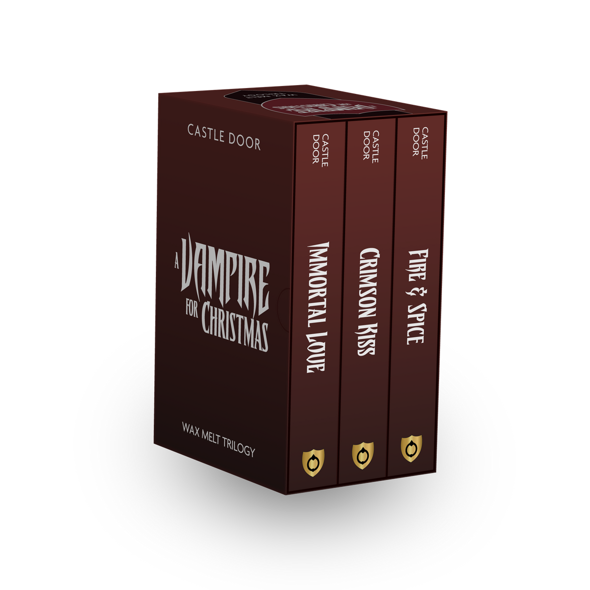 A Vampire for Christmas trilogy box and the spines of Fire and Spice, Crimson Kiss, and Immortal Love