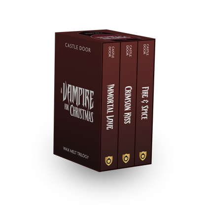 A Vampire for Christmas trilogy box and the spines of Fire and Spice, Crimson Kiss, and Immortal Love