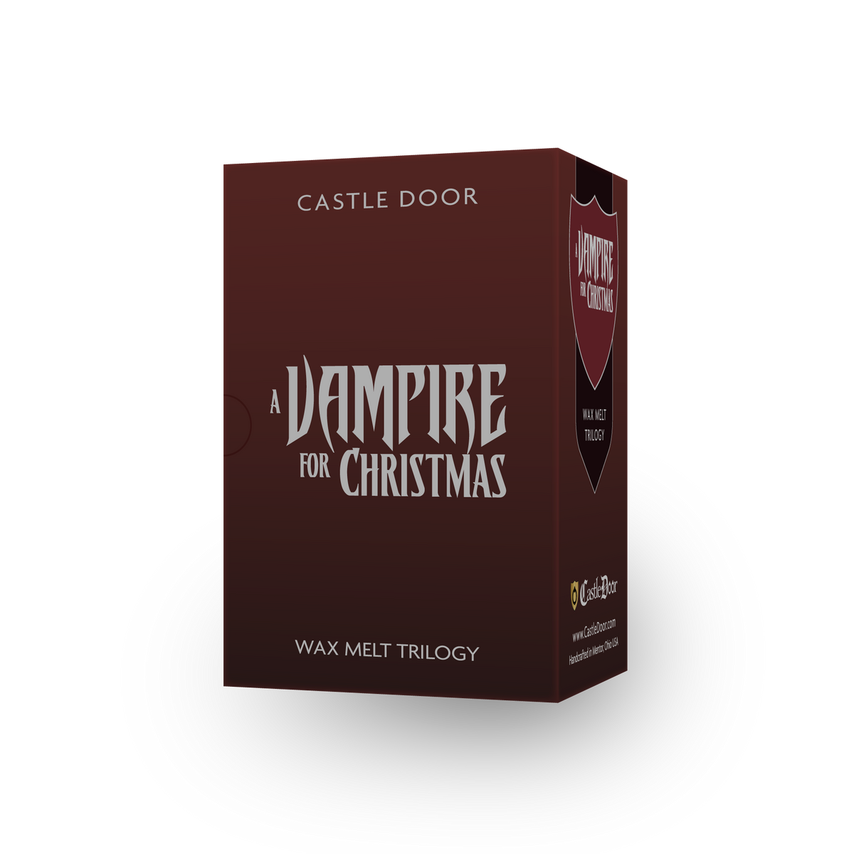 Front and side view of the burgundy A Vampire for Christmas trilogy gift box