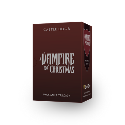 Front and side view of the burgundy A Vampire for Christmas trilogy gift box