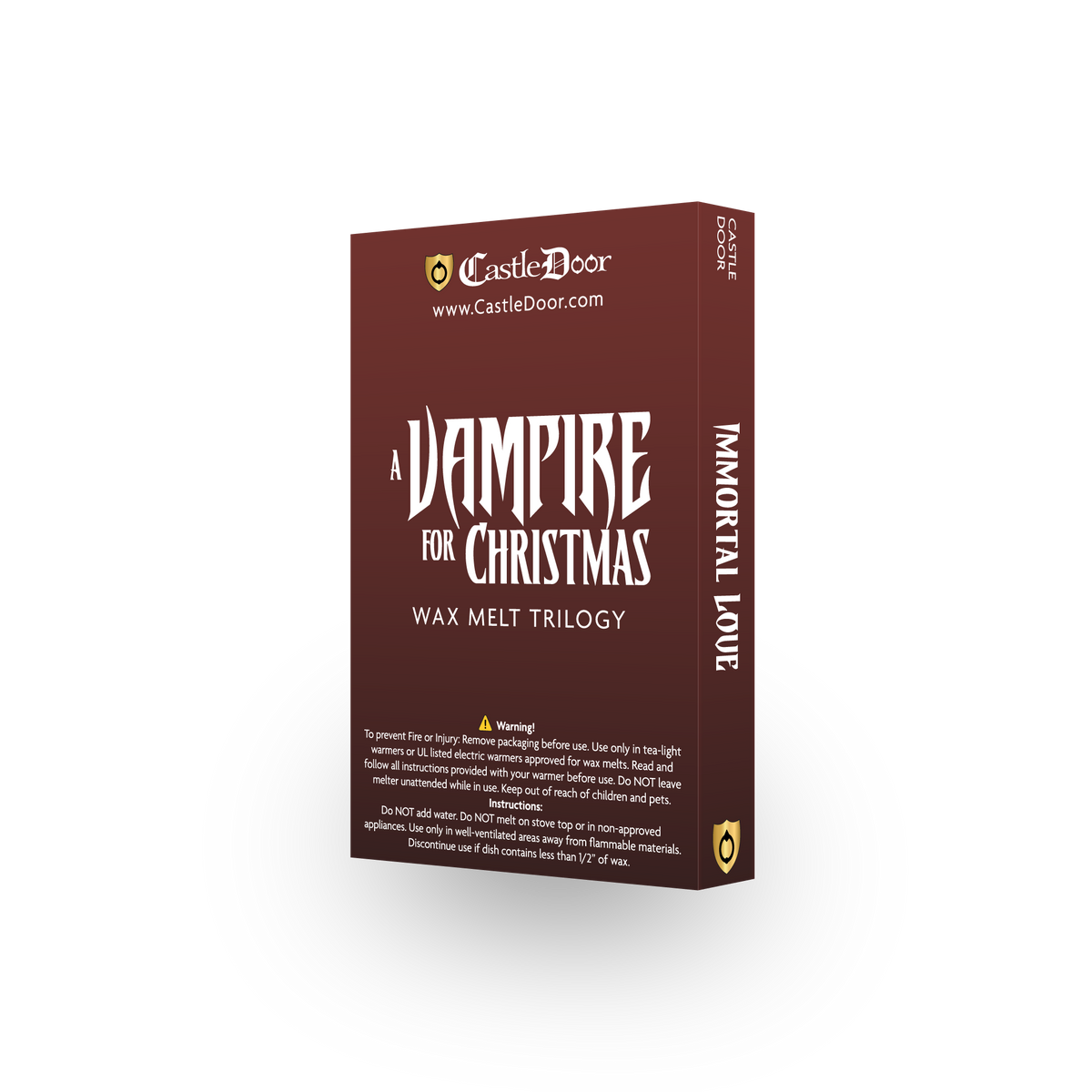 Back of A Vampire for Christmas wax melt trilogy gift box with product information