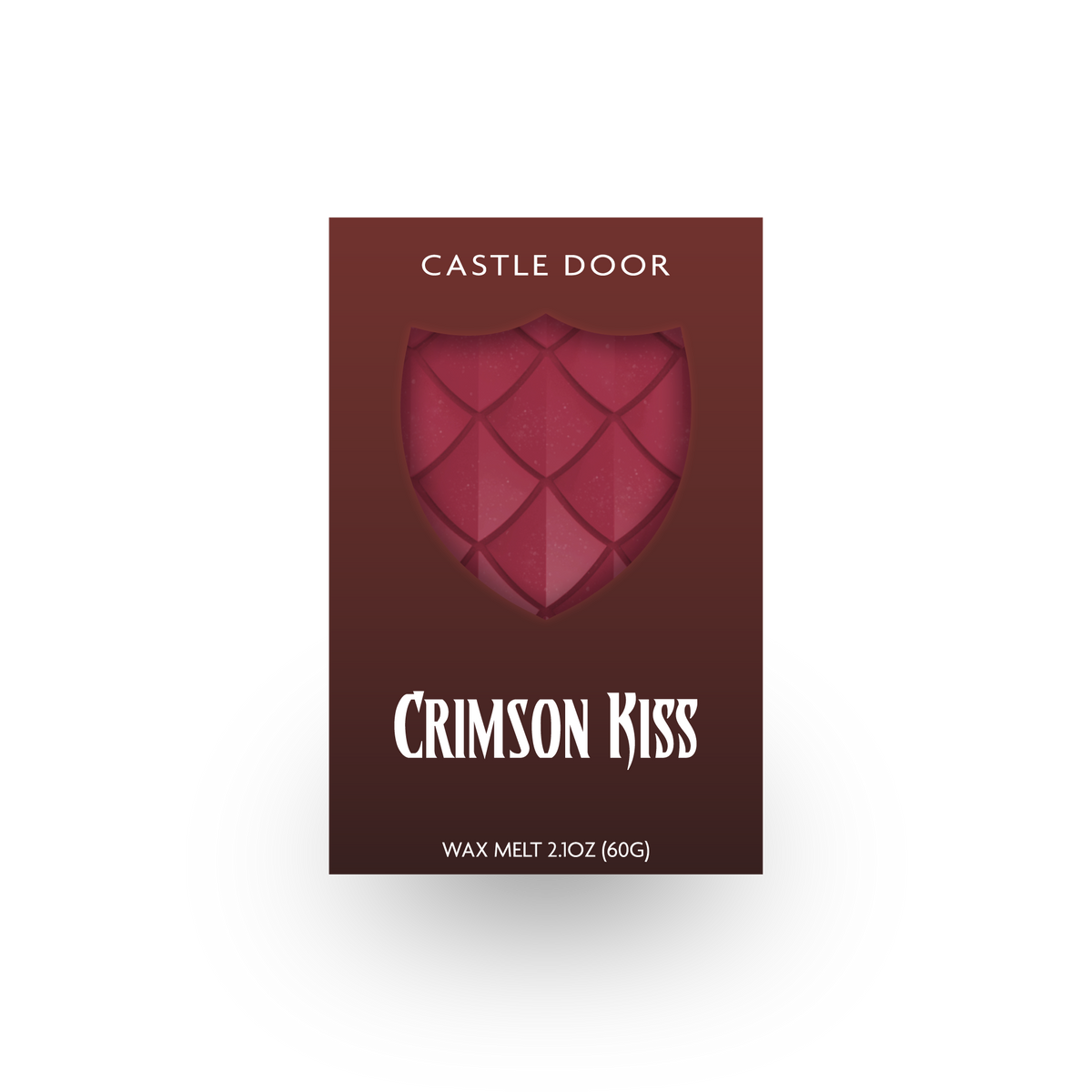 Crimson Kiss wax melt in burgundy packaging with deep red dragonscale shield window