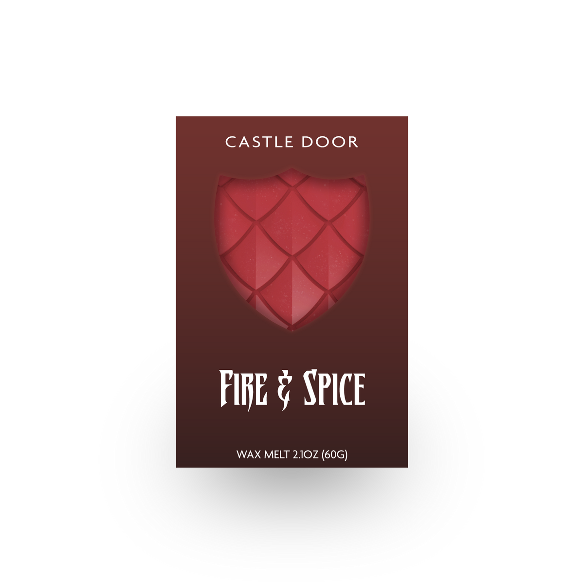 Fire and Spice wax melt in red dragonscale shield window packaging