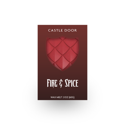Fire and Spice wax melt in red dragonscale shield window packaging