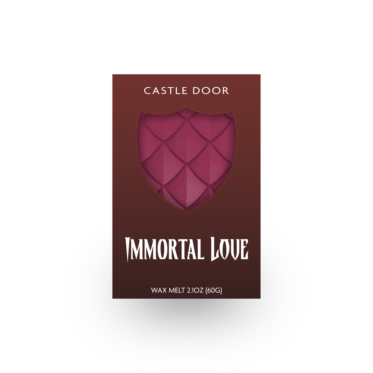 Immortal Love wax melt box featuring a purple dragonscale shield window