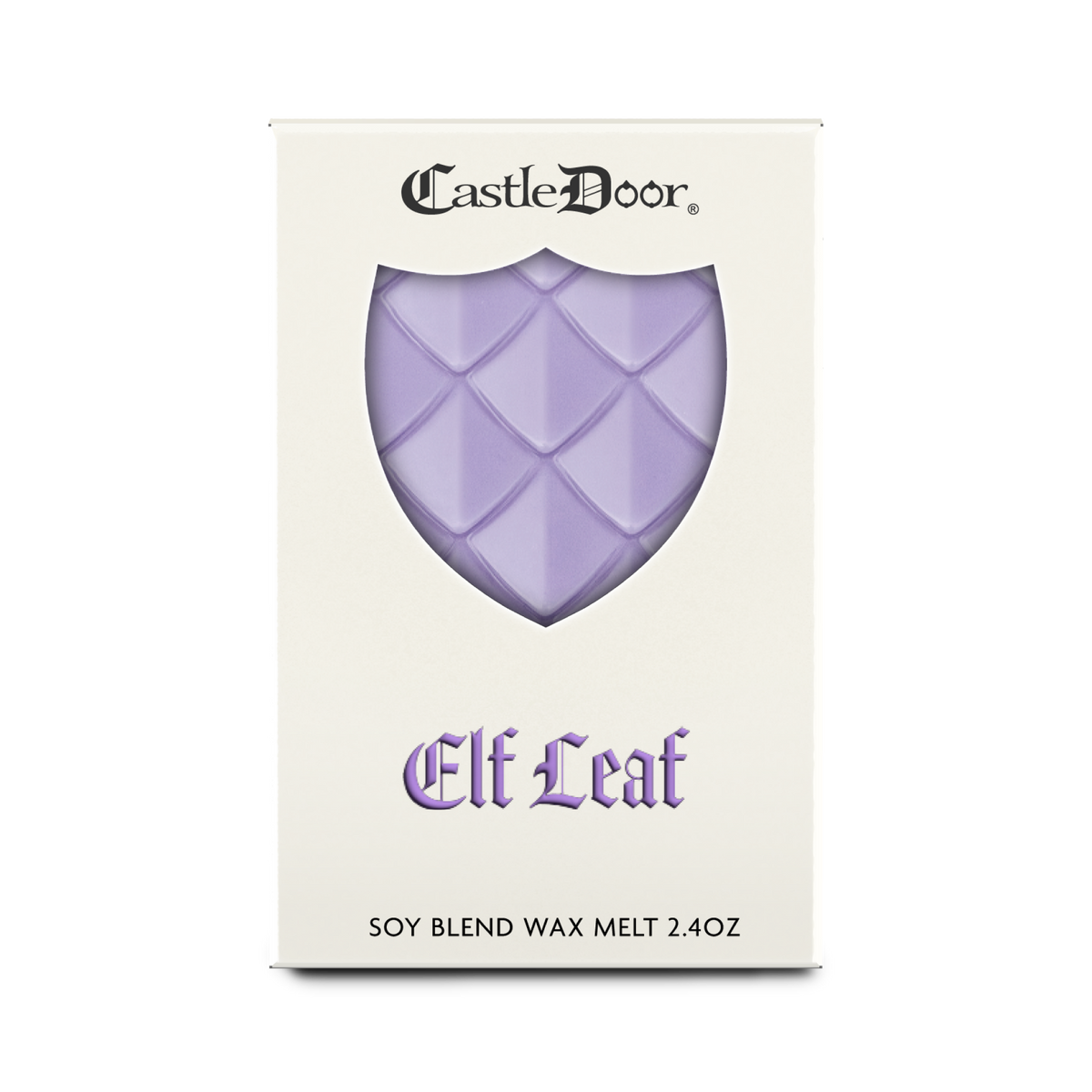 Front view of Castle Door Elf Leaf wax melt packaging, featuring lavender-purple dragonscale wax and purple fantasy-inspired lettering.