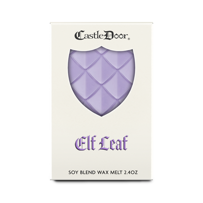 Front view of Castle Door Elf Leaf wax melt packaging, featuring lavender-purple dragonscale wax and purple fantasy-inspired lettering.