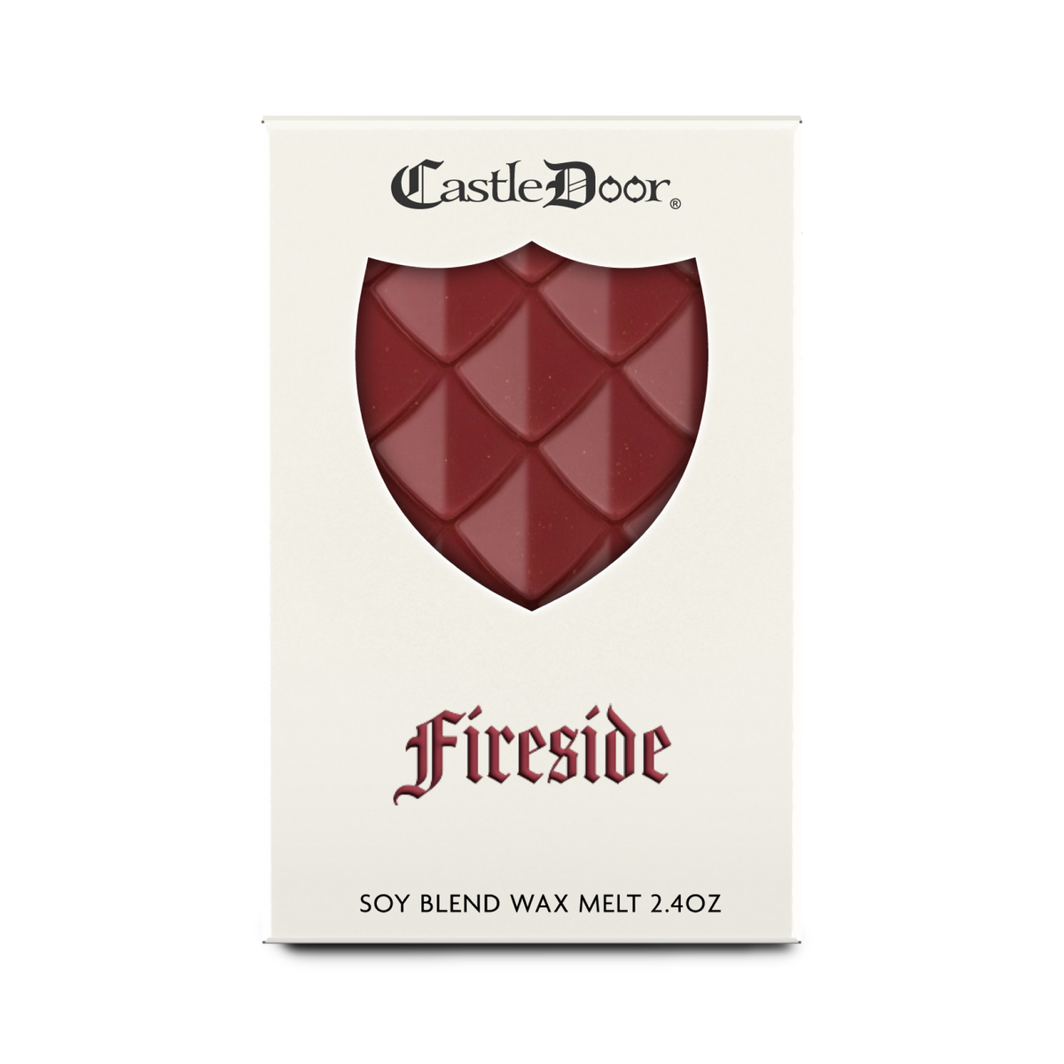 Front view of Castle Door Fireside wax melt packaging, featuring deep red dragonscale wax and red fantasy-inspired lettering.