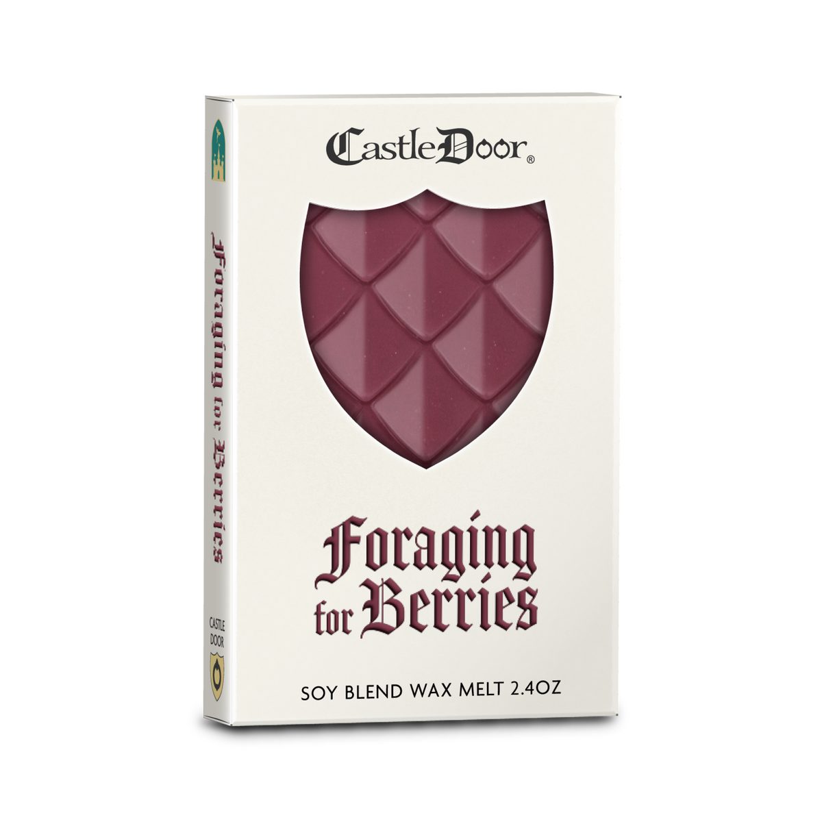 Castle Door Foraging for Berries dragonscale wax melt in white book-style packaging, with berry-red dragonscale wax visible through a shield-shaped window.
