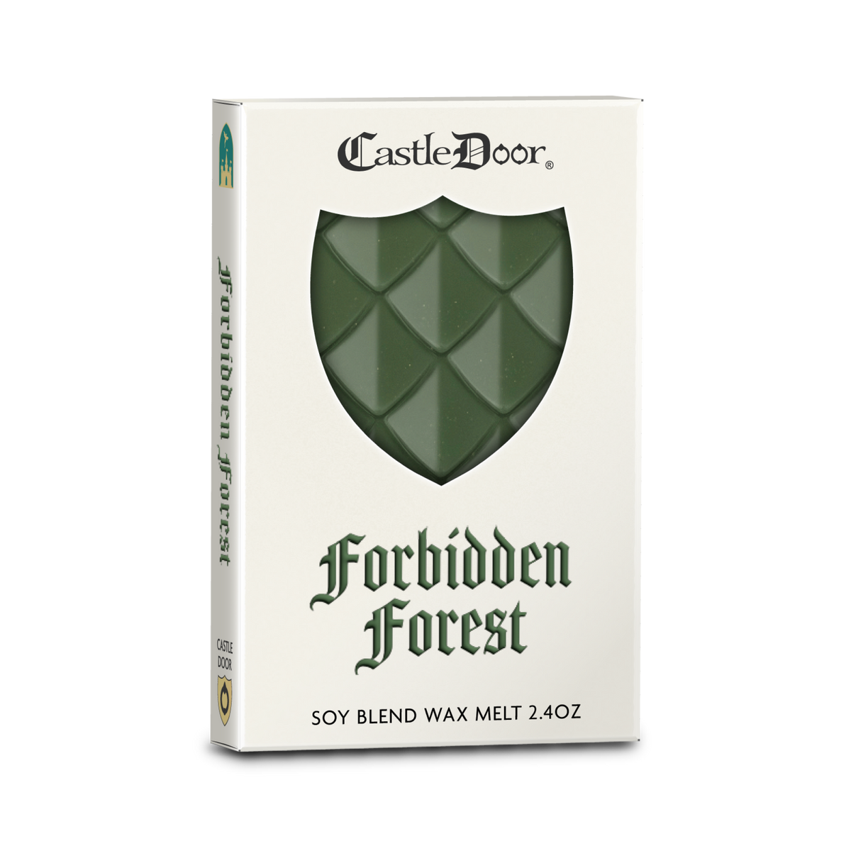Castle Door Forbidden Forest dragonscale wax melt in white book-style packaging, with green dragonscale wax visible through a shield-shaped window.