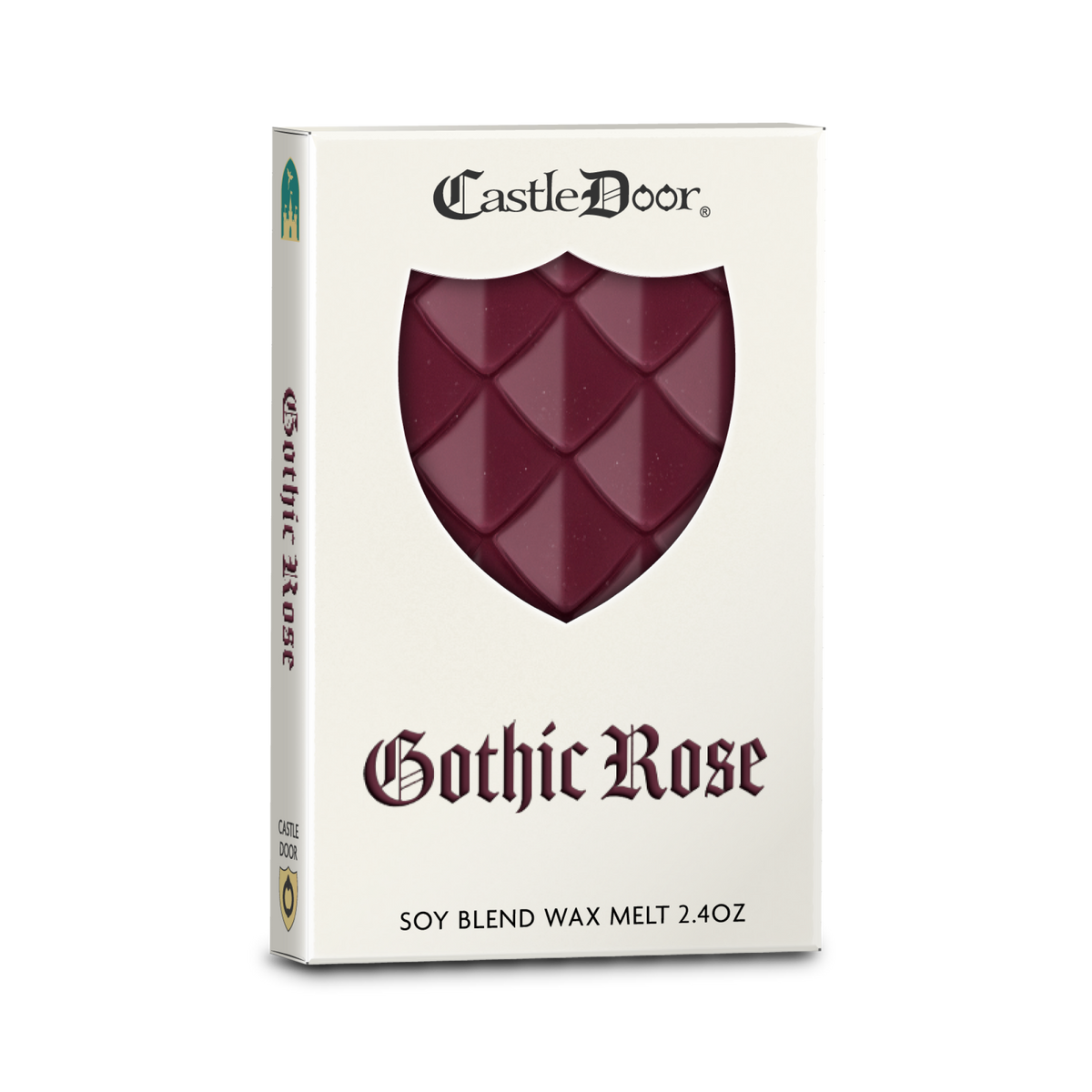 Castle Door Gothic Rose dragonscale wax melt in white book-style packaging, with burgundy dragonscale wax visible through a shield-shaped window.