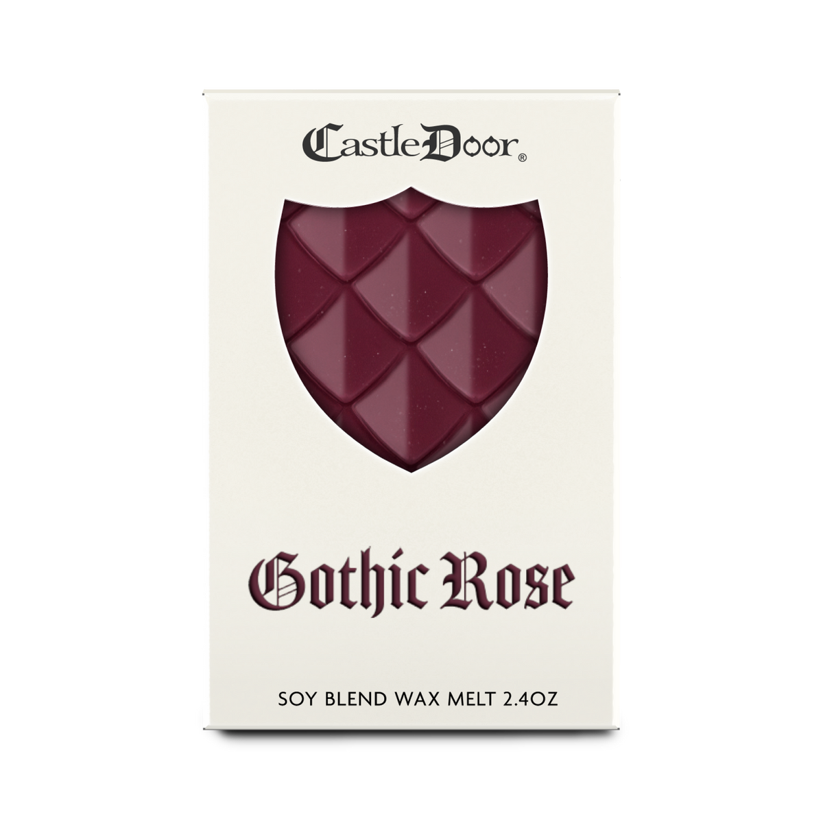 Front view of Castle Door Gothic Rose wax melt packaging, featuring burgundy dragonscale wax and burgundy fantasy-inspired lettering.