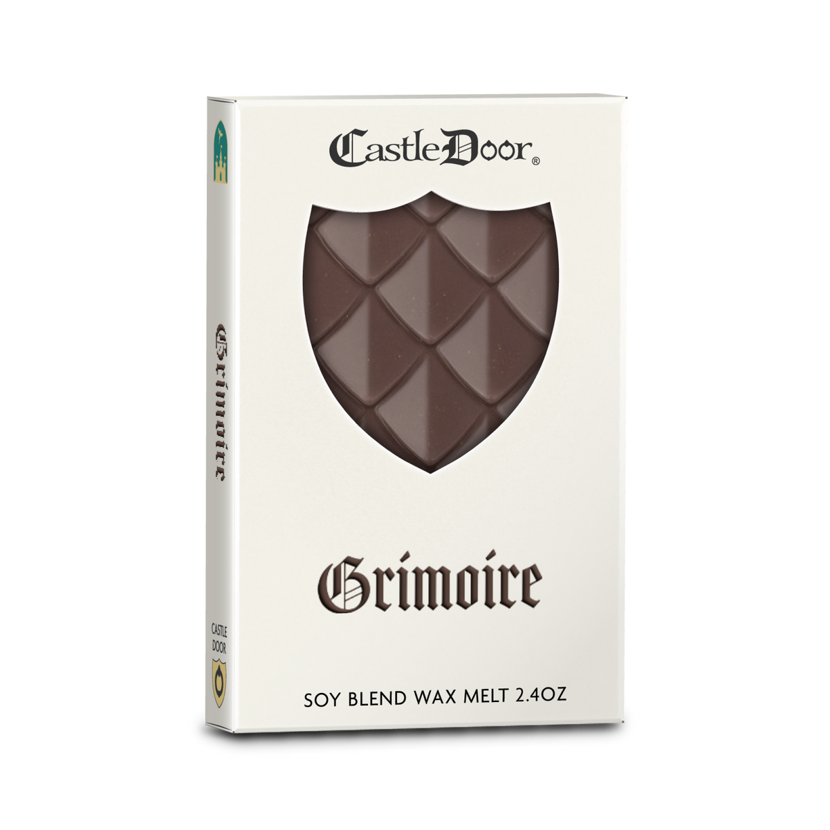 Castle Door Grimoire dragonscale wax melt in white book-style packaging, with dark brown dragonscale wax visible through a shield-shaped window.