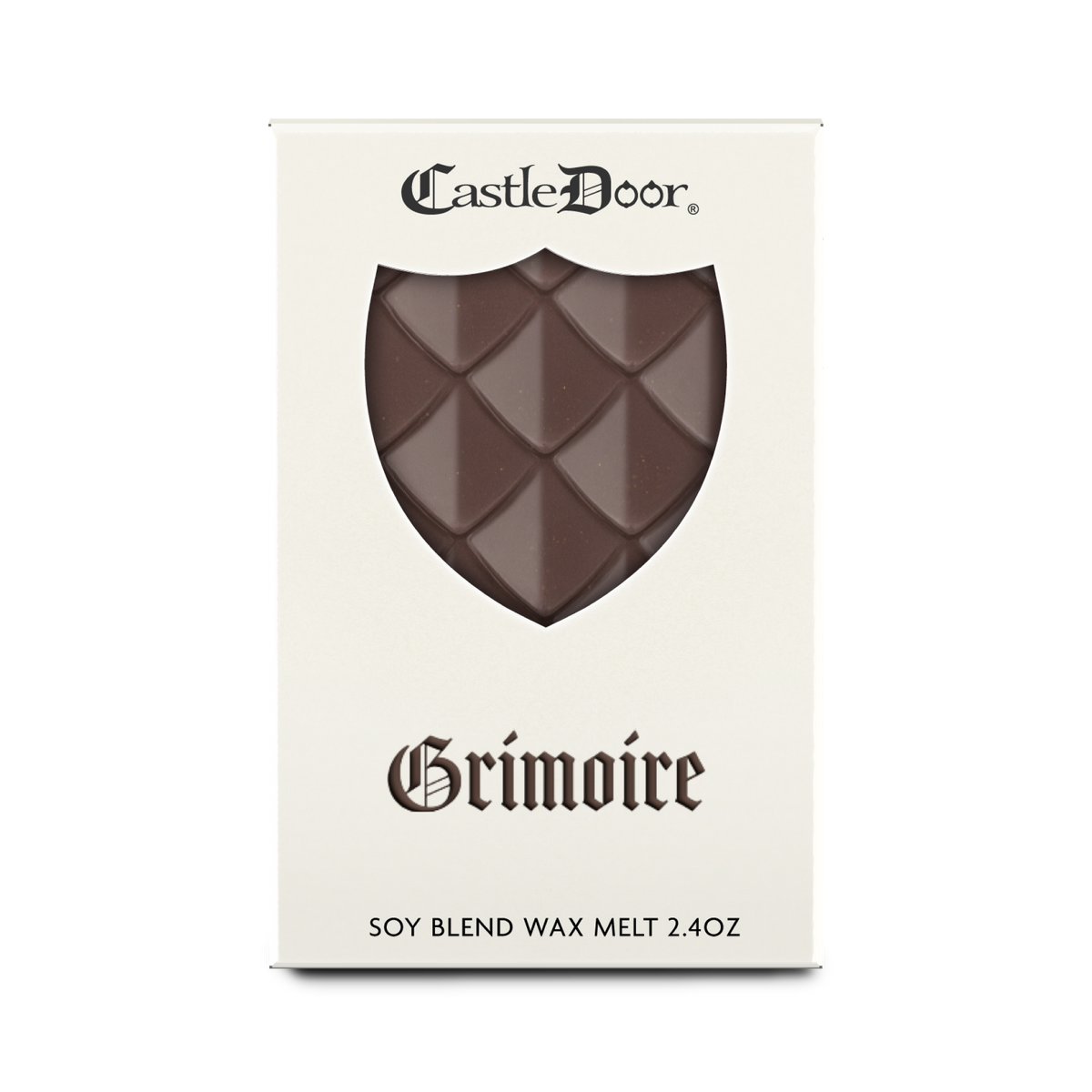Front view of Castle Door Grimoire wax melt packaging, featuring dark brown dragonscale wax and dark brown fantasy-inspired lettering.