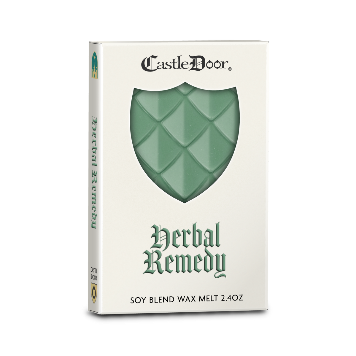 Castle Door Herbal Remedy dragonscale wax melt in white book-style packaging, with sage-green dragonscale wax visible through a shield-shaped window.