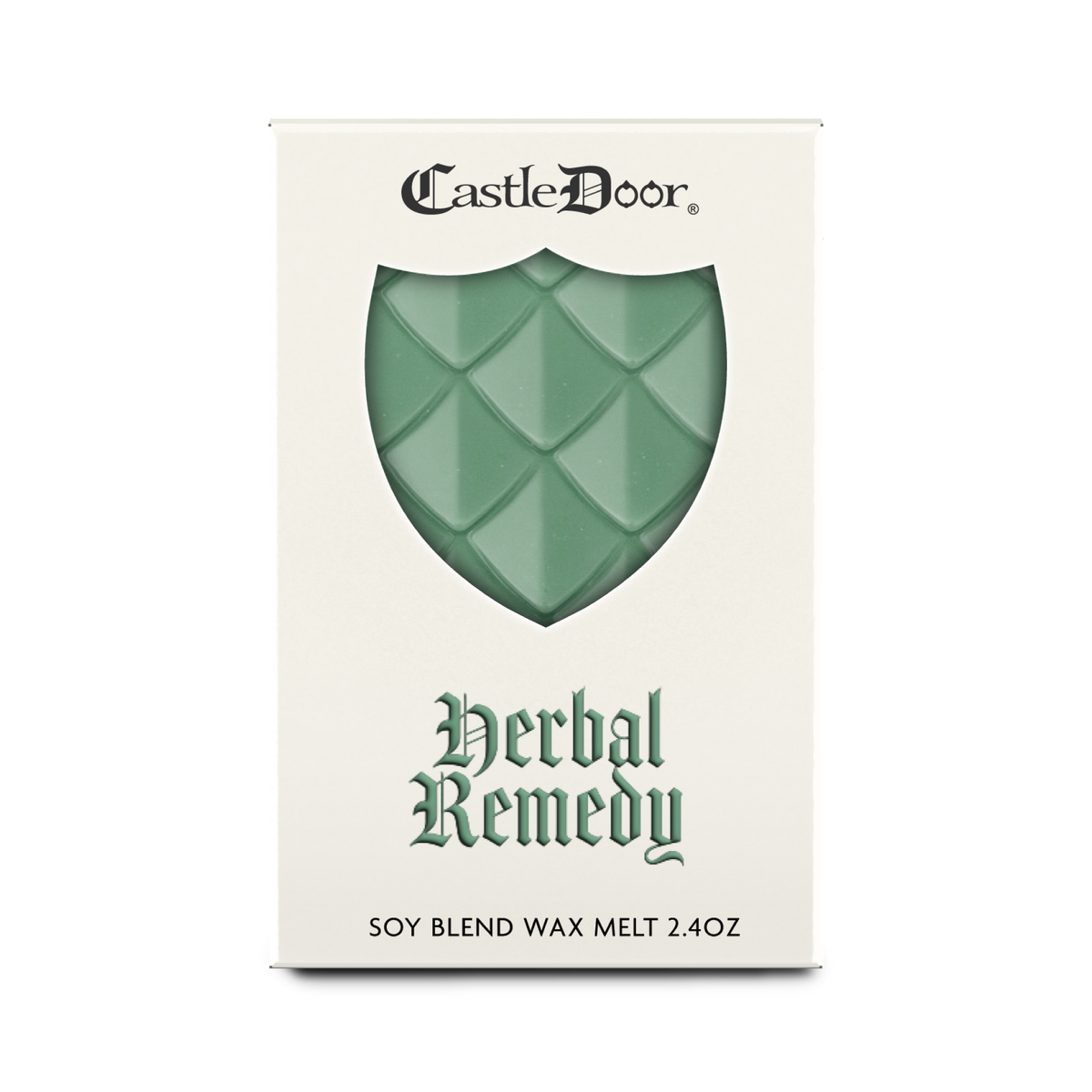Front view of Castle Door Herbal Remedy wax melt packaging, featuring sage-green dragonscale wax and green fantasy-inspired lettering.