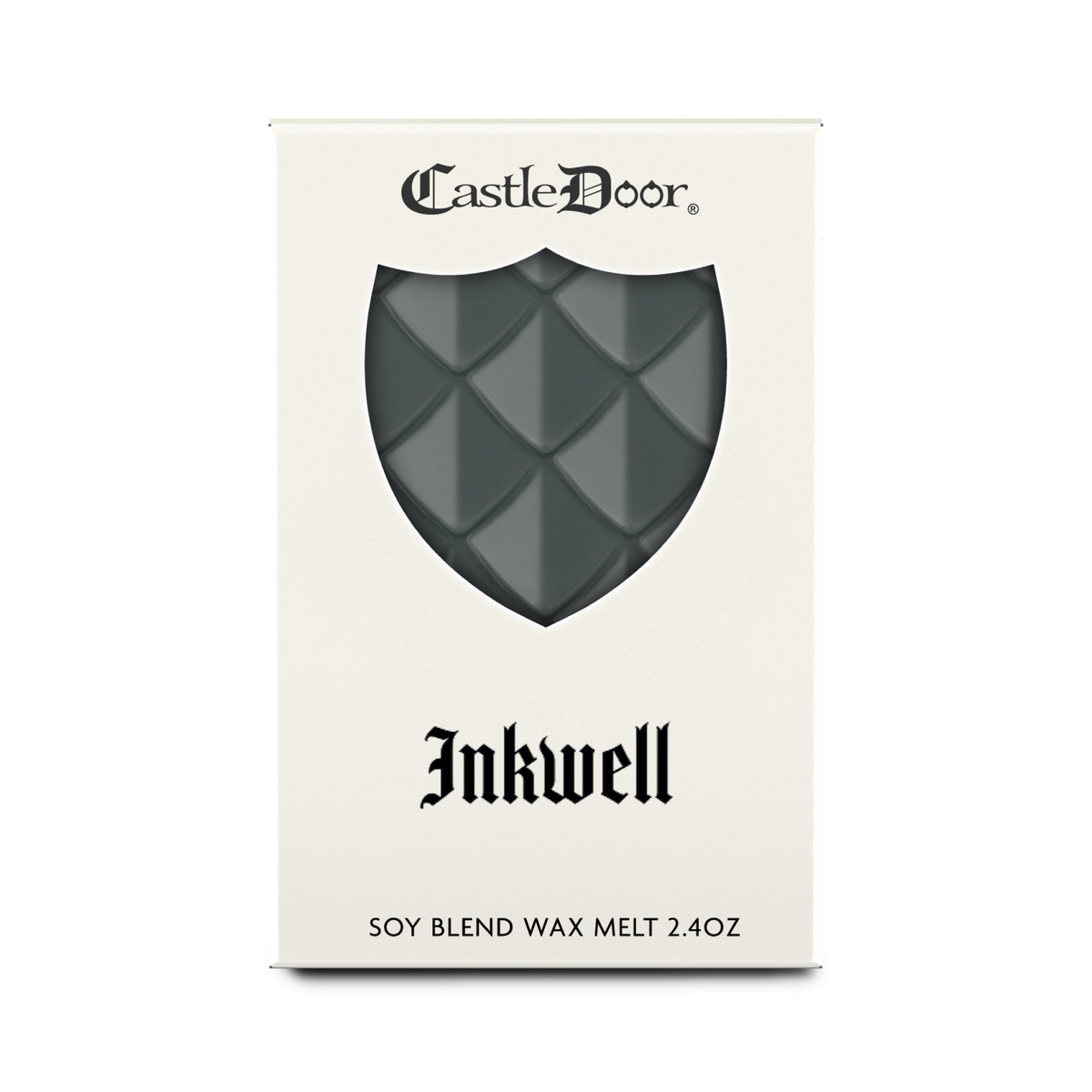 Front view of Castle Door Inkwell wax melt packaging, featuring charcoal-gray dragonscale wax and black fantasy-inspired lettering.