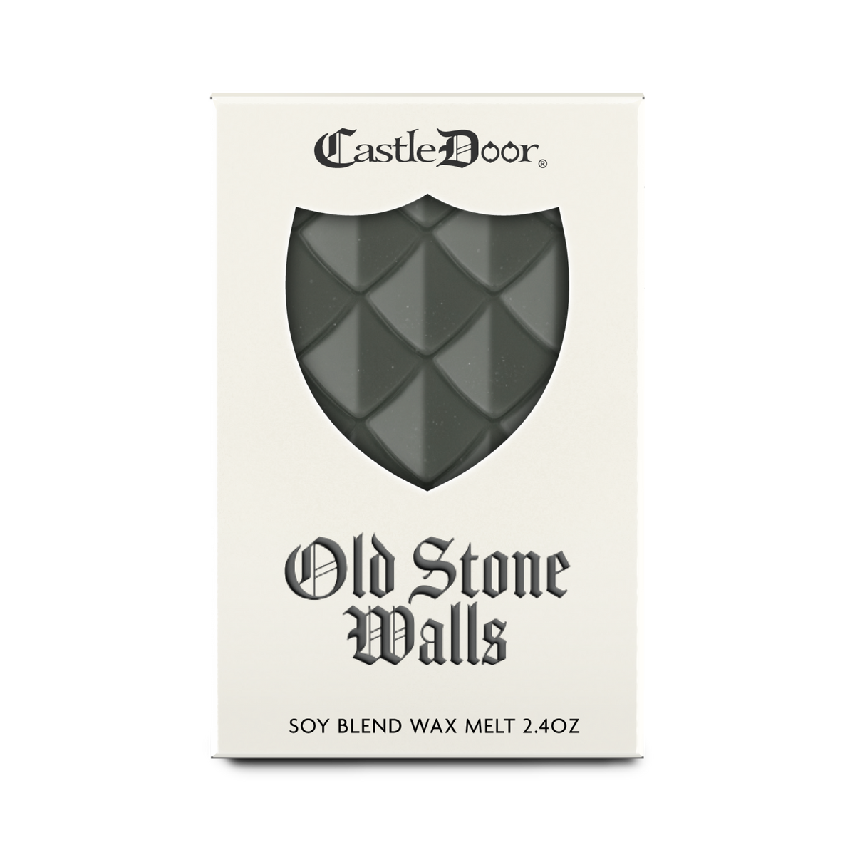 Front view of Castle Door Old Stone Walls wax melt packaging, featuring dark gray-green dragonscale wax and dark gray fantasy-inspired lettering.