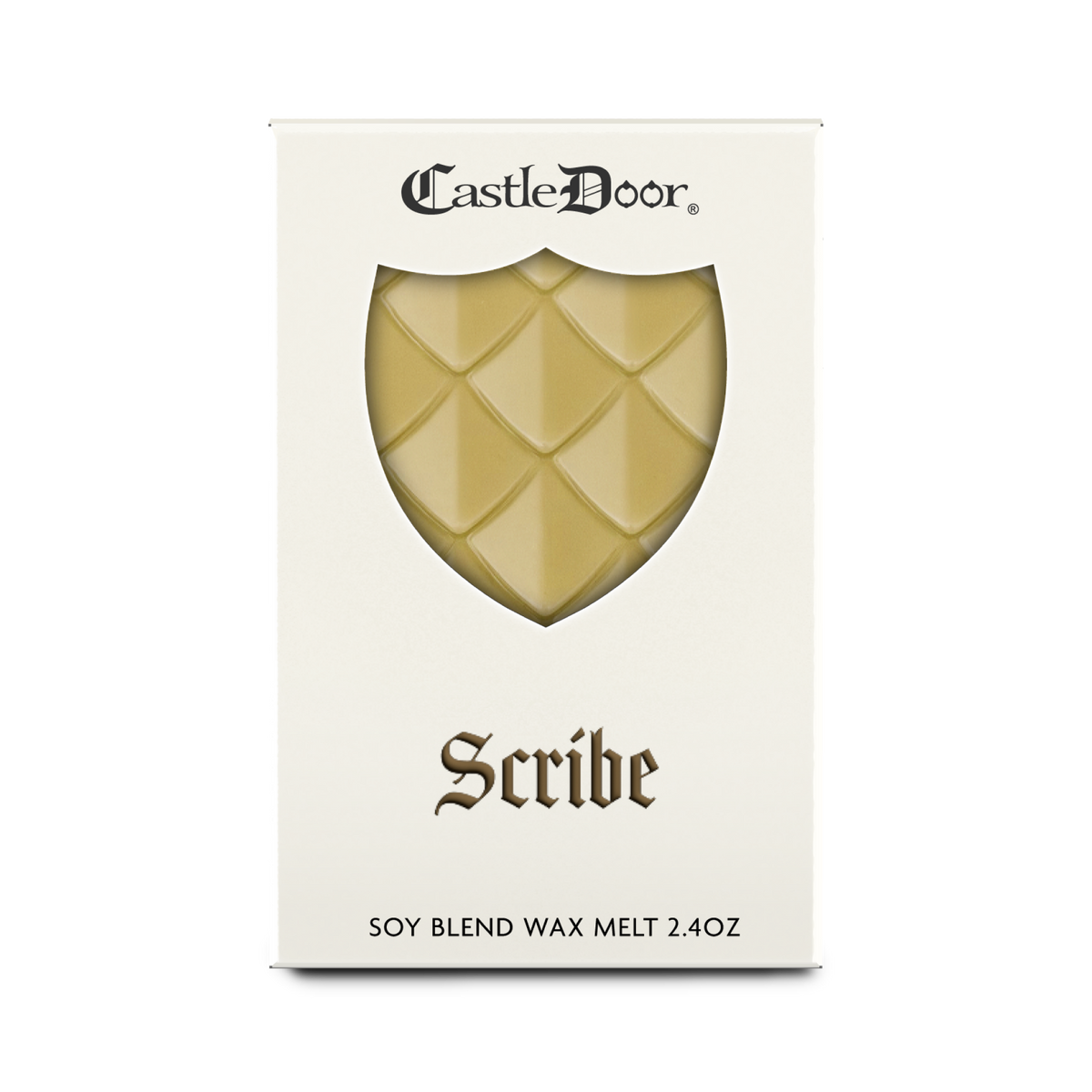 Front view of Castle Door Scribe wax melt packaging, featuring golden-yellow dragonscale wax and gold fantasy-inspired lettering.