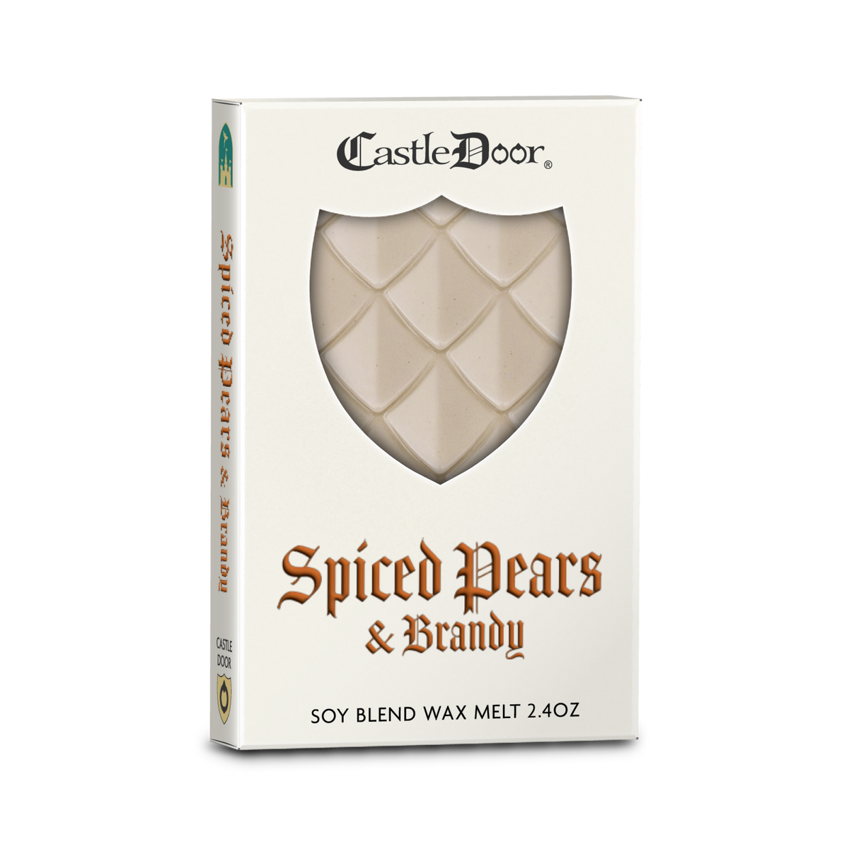 Castle Door Spiced Pears & Brandy dragonscale wax melt in white book-style packaging, with ivory dragonscale wax visible through a shield-shaped window.