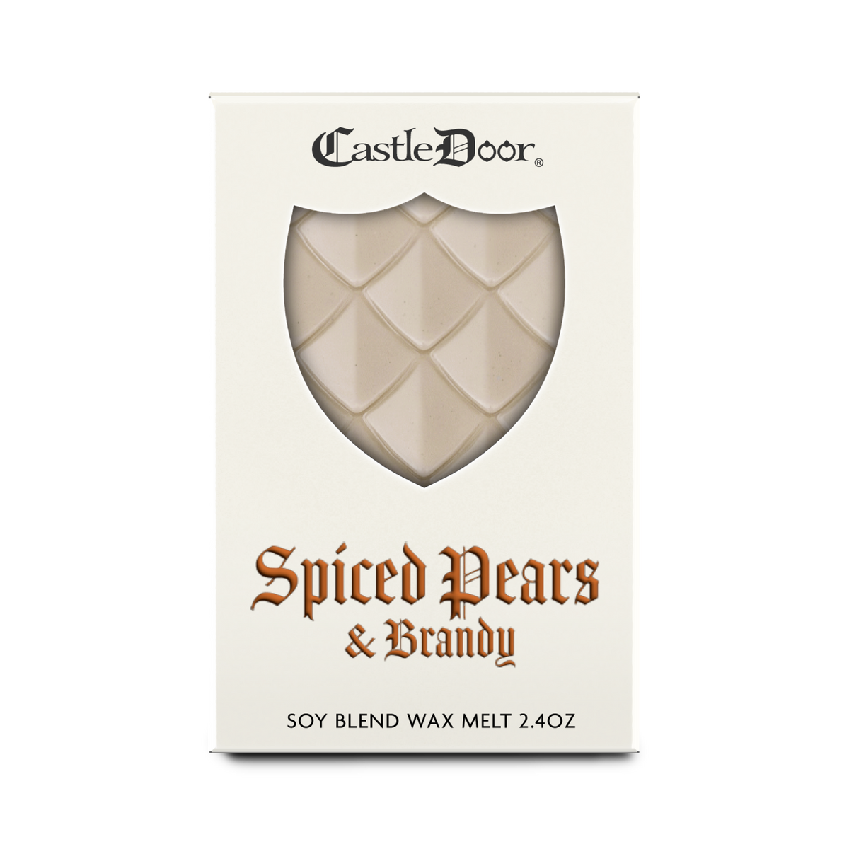 Front view of Castle Door Spiced Pears & Brandy wax melt packaging, featuring ivory dragonscale wax and amber fantasy-inspired lettering.