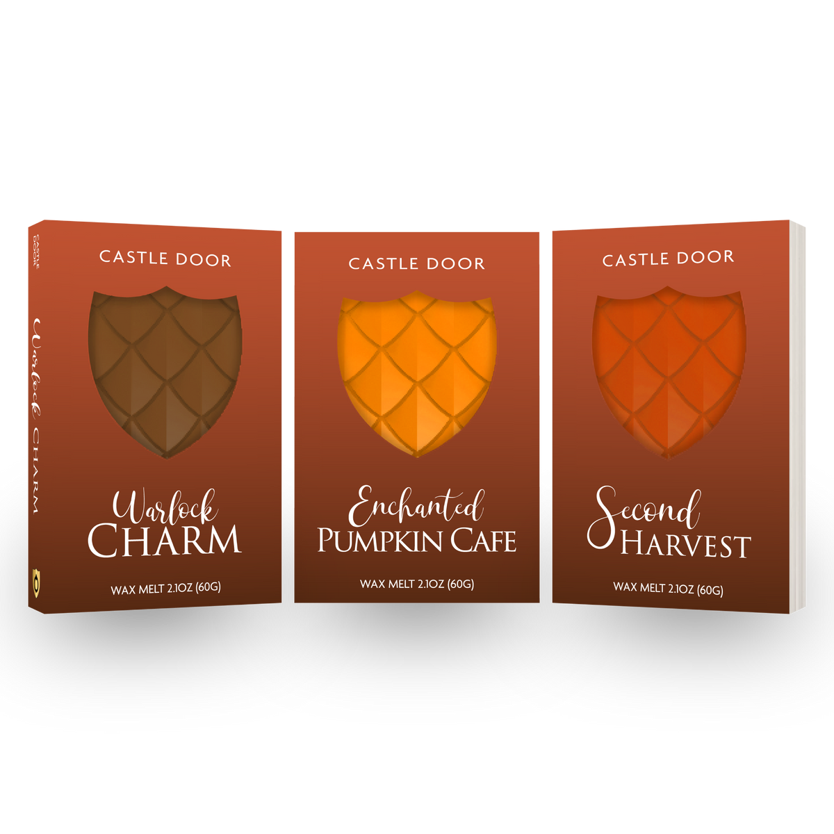Cozy Witch wax melt trilogy featuring Warlock Charm, Enchanted Pumpkin Cafe, and Second Harvest dragonscale wax melt boxes