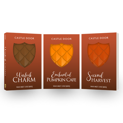 Cozy Witch wax melt trilogy featuring Warlock Charm, Enchanted Pumpkin Cafe, and Second Harvest dragonscale wax melt boxes