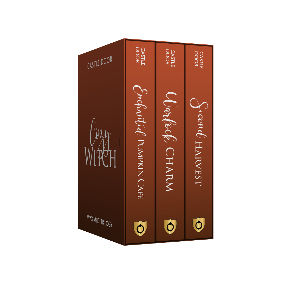 Cozy Witch trilogy gift box beside spines of its three autumn wax melt scents