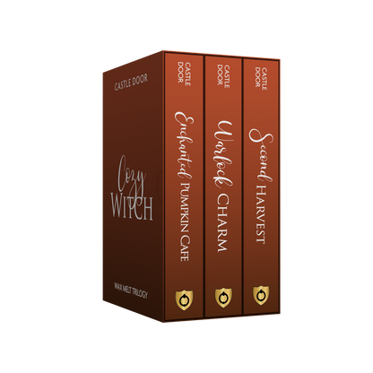 Cozy Witch trilogy gift box beside spines of its three autumn wax melt scents