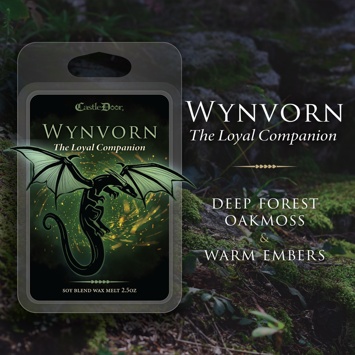 Wynvorn the Loyal Companion wax melt packaging against a dark forest background, featuring green dragon artwork and the fragrance Deep Forest Oakmoss & Warm Embers.