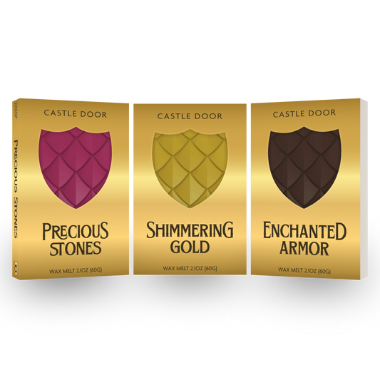Dragon's Hoard trilogy featuring Precious Stones, Shimmering Gold, and Enchanted Armor dragonscale wax melt boxes