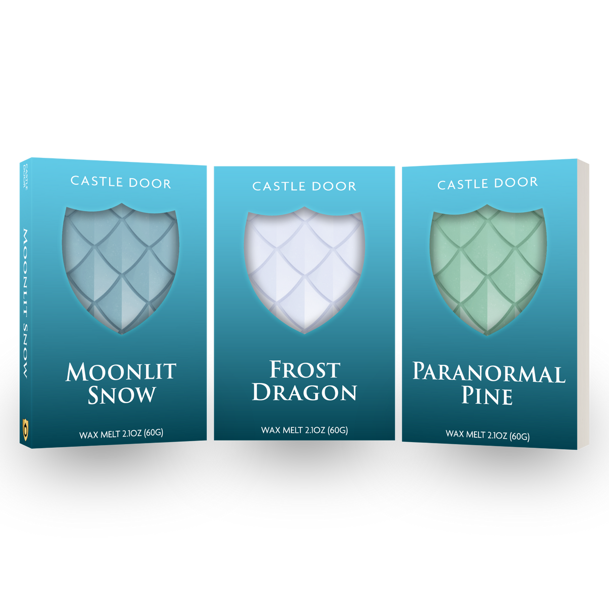 Castle Door Eternal Winter Wax Melt Trilogy featuring Moonlit Snow, Frost Dragon, and Paranormal Pine in teal boxes with dragonscale wax visible through shield windows.