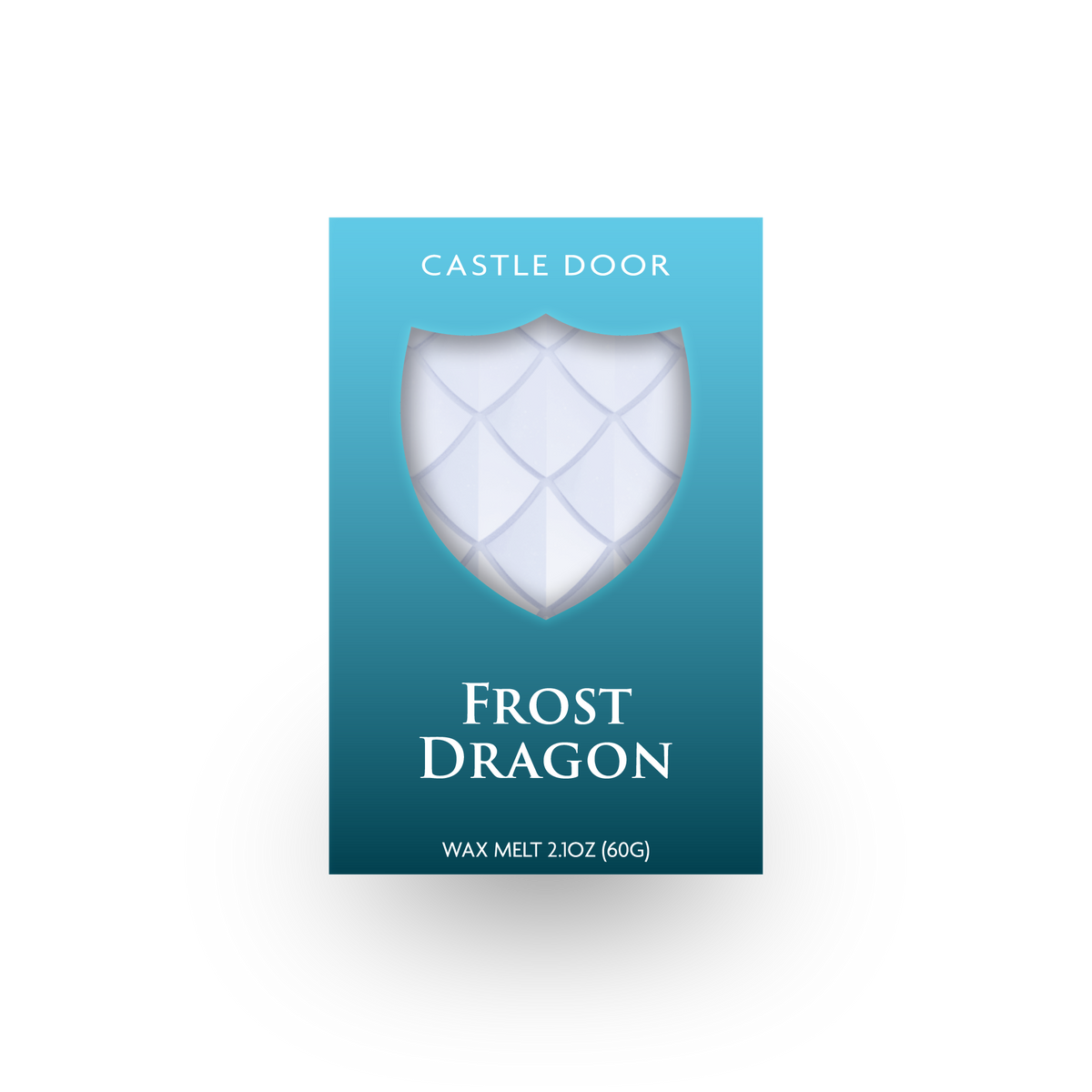 Front packaging of Castle Door Frost Dragon wax melt, featuring white dragonscale wax visible through a shield-shaped window.