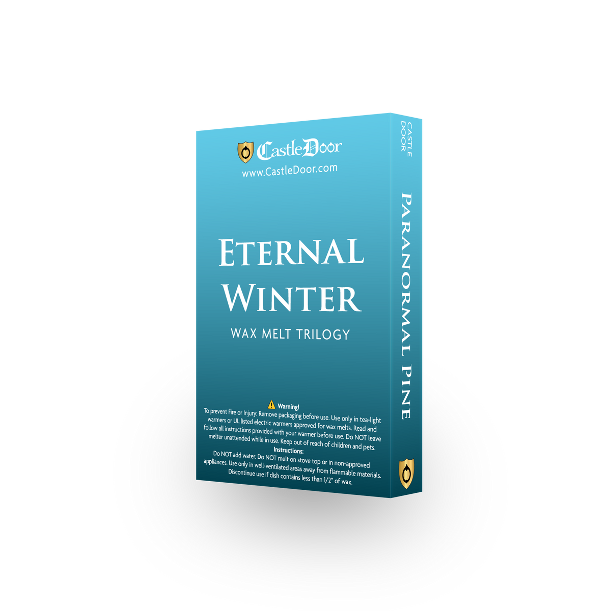 Rear and side view of the teal Eternal Winter Wax Melt Trilogy collector's box, showing product information and Paranormal Pine on the spine.