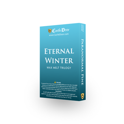 Rear and side view of the teal Eternal Winter Wax Melt Trilogy collector's box, showing product information and Paranormal Pine on the spine.