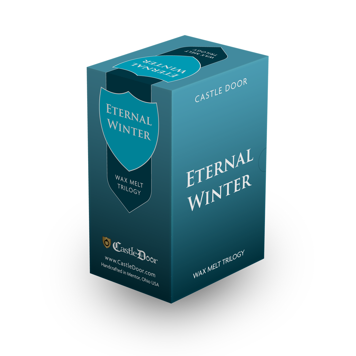 Three-quarter view of Castle Door's Eternal Winter Wax Melt Trilogy gift box, showing its teal packaging and shield emblem.