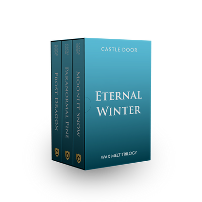 Eternal Winter Wax Melt Trilogy collector's box with three individual scent boxes arranged behind it, showing Moonlit Snow, Frost Dragon, and Paranormal Pine.