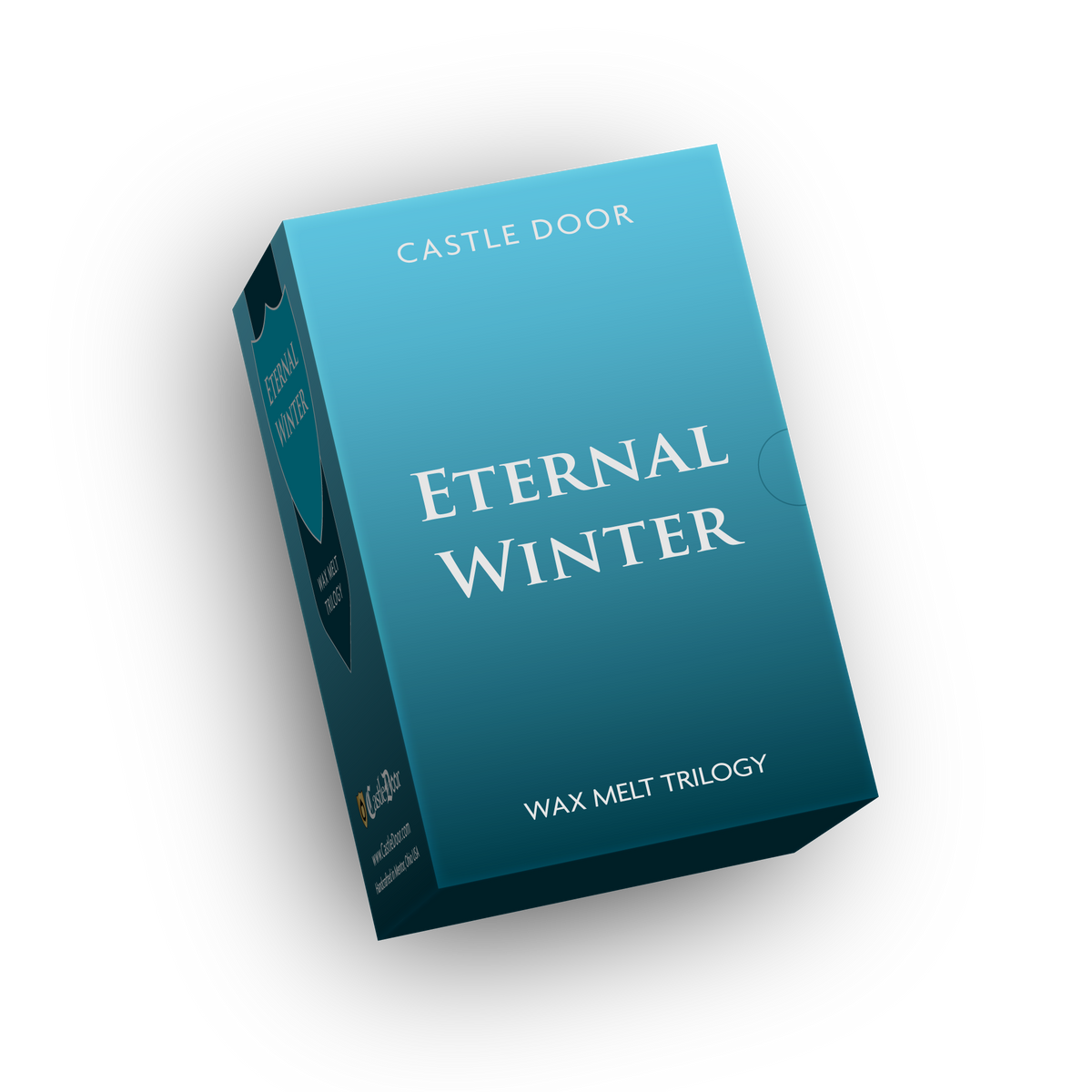 Angled view of Castle Door's teal Eternal Winter Wax Melt Trilogy collector's box.