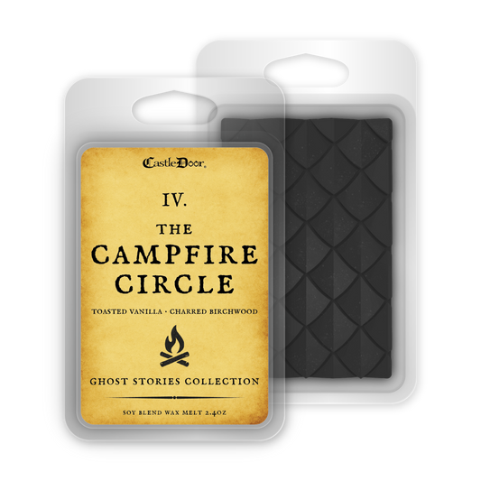 The Campfire Circle dragonscale wax melt, showing its vintage gold label and black dragonscale wax in a clamshell.