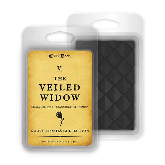 The Veiled Widow dragonscale wax melt with antique gold label, black clamshell packaging, and dragonscale wax snap bar.