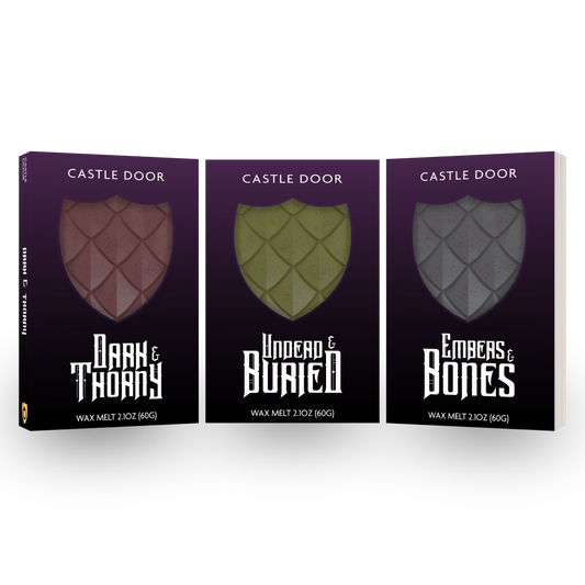 Gothic Fantasy trilogy featuring Dark and Thorny, Undead and Buried, and Embers and Bones wax melt boxes
