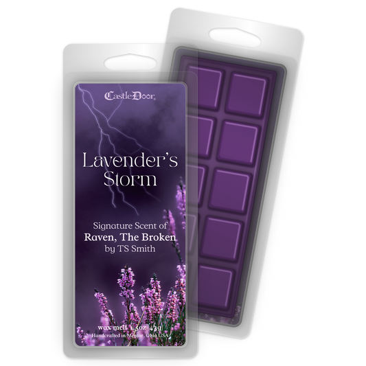 Lavender's Storm signature wax melt inspired by Raven, The Broken by T.S. Smith, with lavender, heather, leather, and smoke