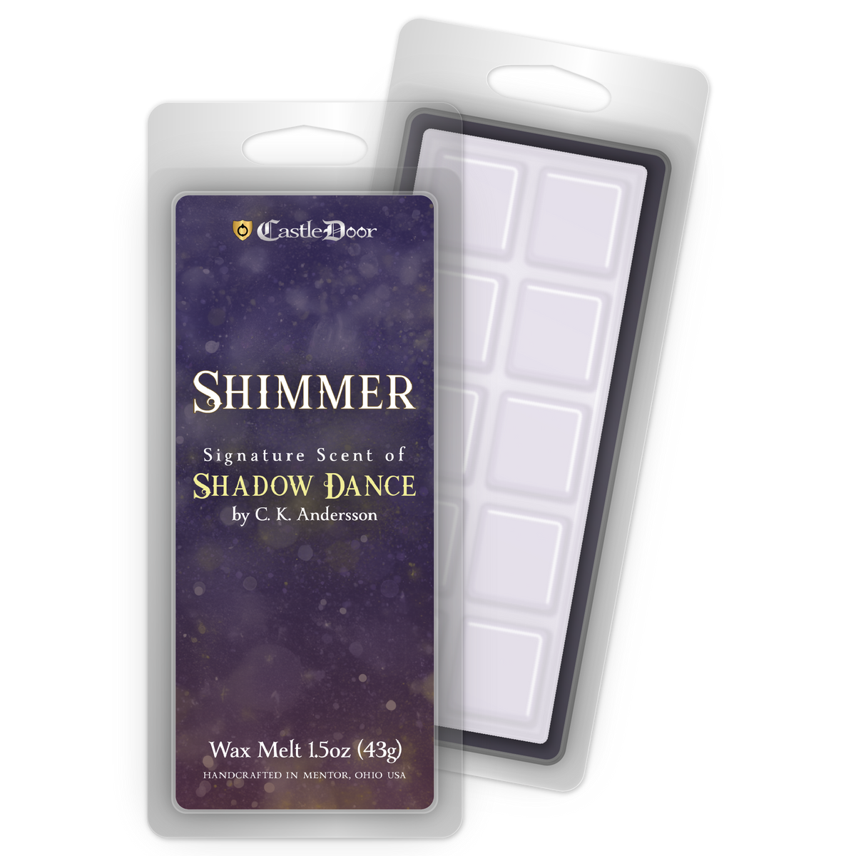Shimmer signature wax melt inspired by Shadow Dance by C. K. Andersson, with vanilla, cinnamon, and creamy woods
