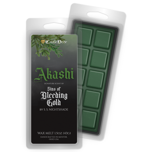 Akashi character-inspired wax melt from Sins of Bleeding Gold, featuring rain, pine, and smoke