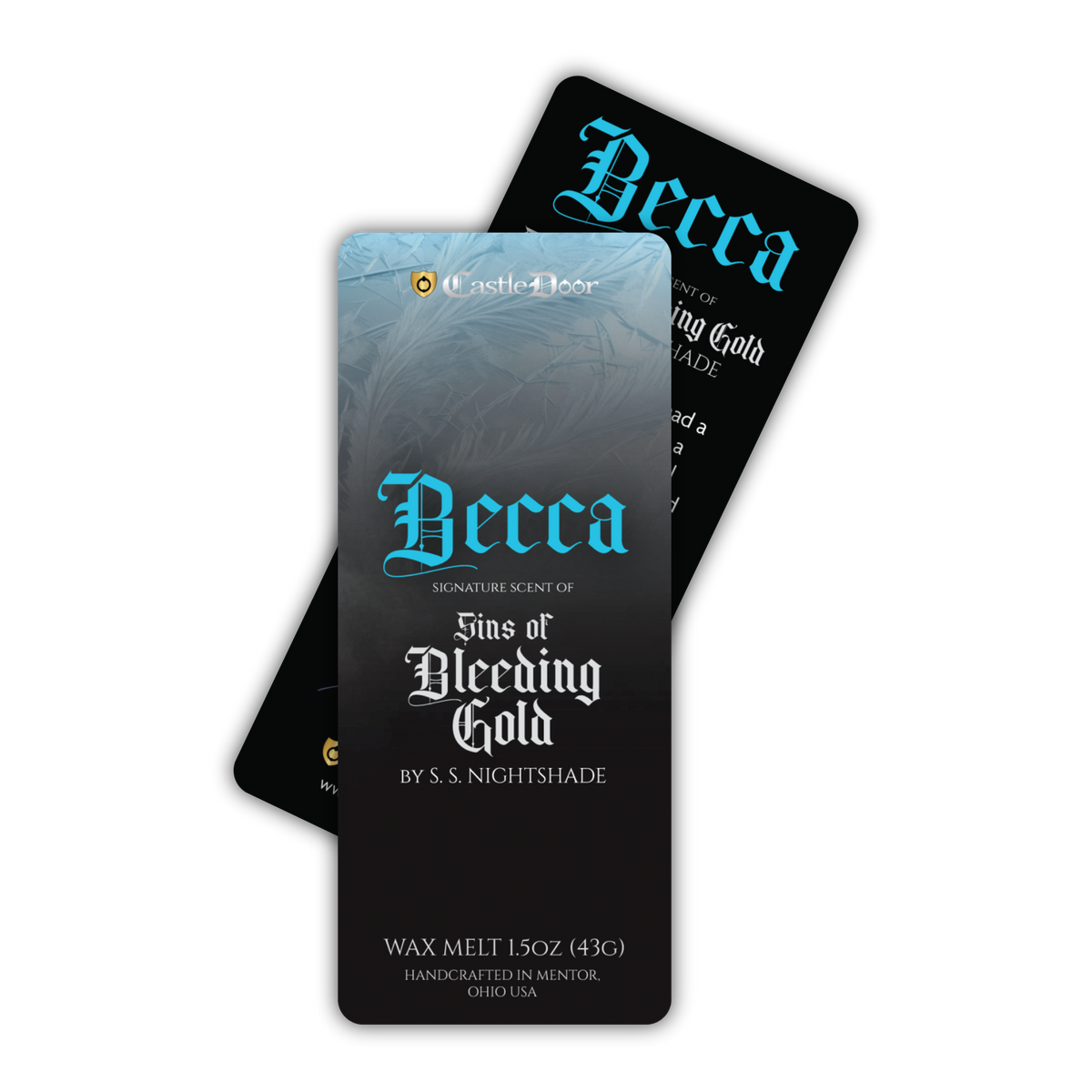 Collectible Becca character bookmark included with the Sins of Bleeding Gold wax melt