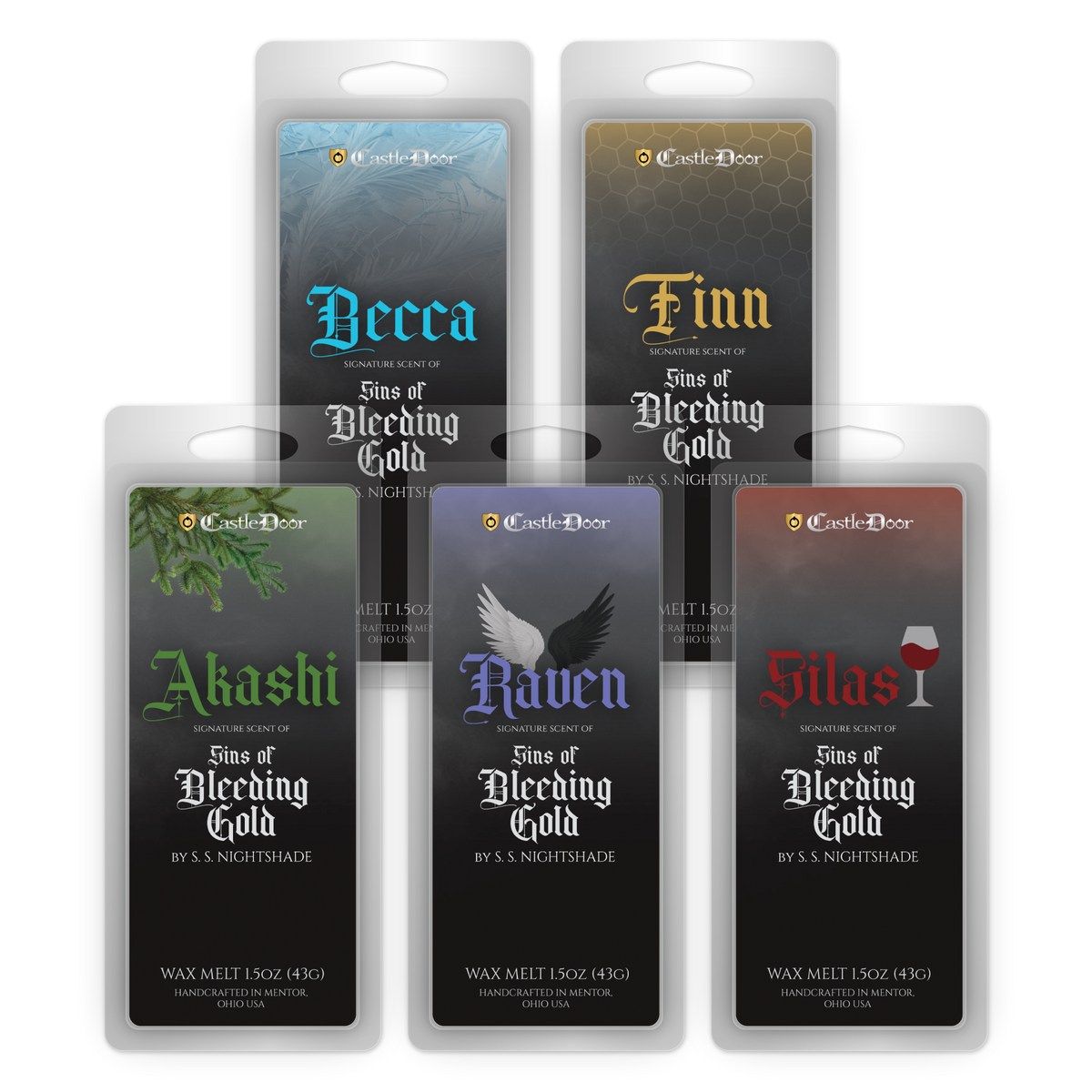 Sins of Bleeding Gold full collection of five character-inspired wax melts created with author S. S. Nightshade