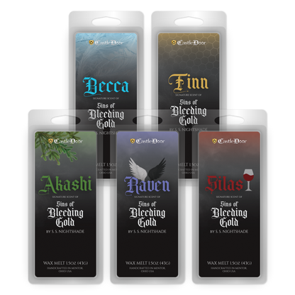 Sins of Bleeding Gold full collection of five character-inspired wax melts created with author S. S. Nightshade
