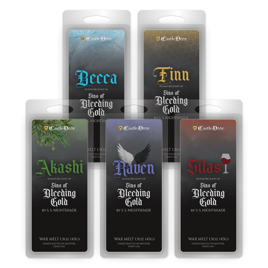 Sins of Bleeding Gold full collection of five character-inspired wax melts created with author S. S. Nightshade