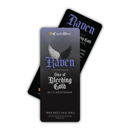 Collectible Raven character bookmark included with the Sins of Bleeding Gold wax melt